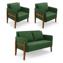 Ver imagem 1 de Kit 1 Sofá Namoradeira e 2 Poltronas Lana Suede Base de Madeira - D’Rossi Verde