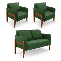 Kit 1 Sofá Namoradeira e 2 Poltronas Lana Suede Base de Madeira - D'Rossi DRossi Verde - 1