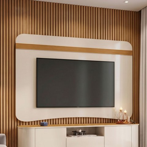 Painel TV 80 pol Orgânico 200cm Ermione B01 Off White Cinamomo - Lyam Decor