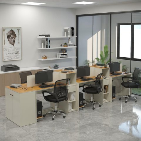 Estação de Trabalho 6 Lugares Office Smart 6 Mesas 4 Armários 1 Aparador - Off White e Cedro