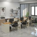 Ver imagem 1 de Estação de Trabalho 6 Lugares Office Smart 6 Mesas 4 Armários 1 Aparador - Off White e Cedro