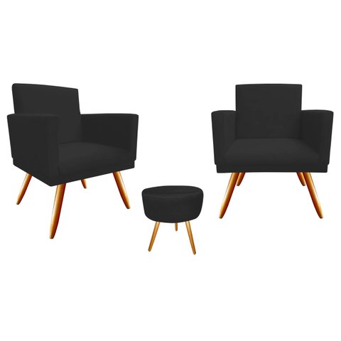 Kit 2 Poltronas Decorativa Bia + Puff Redondo Suede Preto Pés Madeira Ms Decor