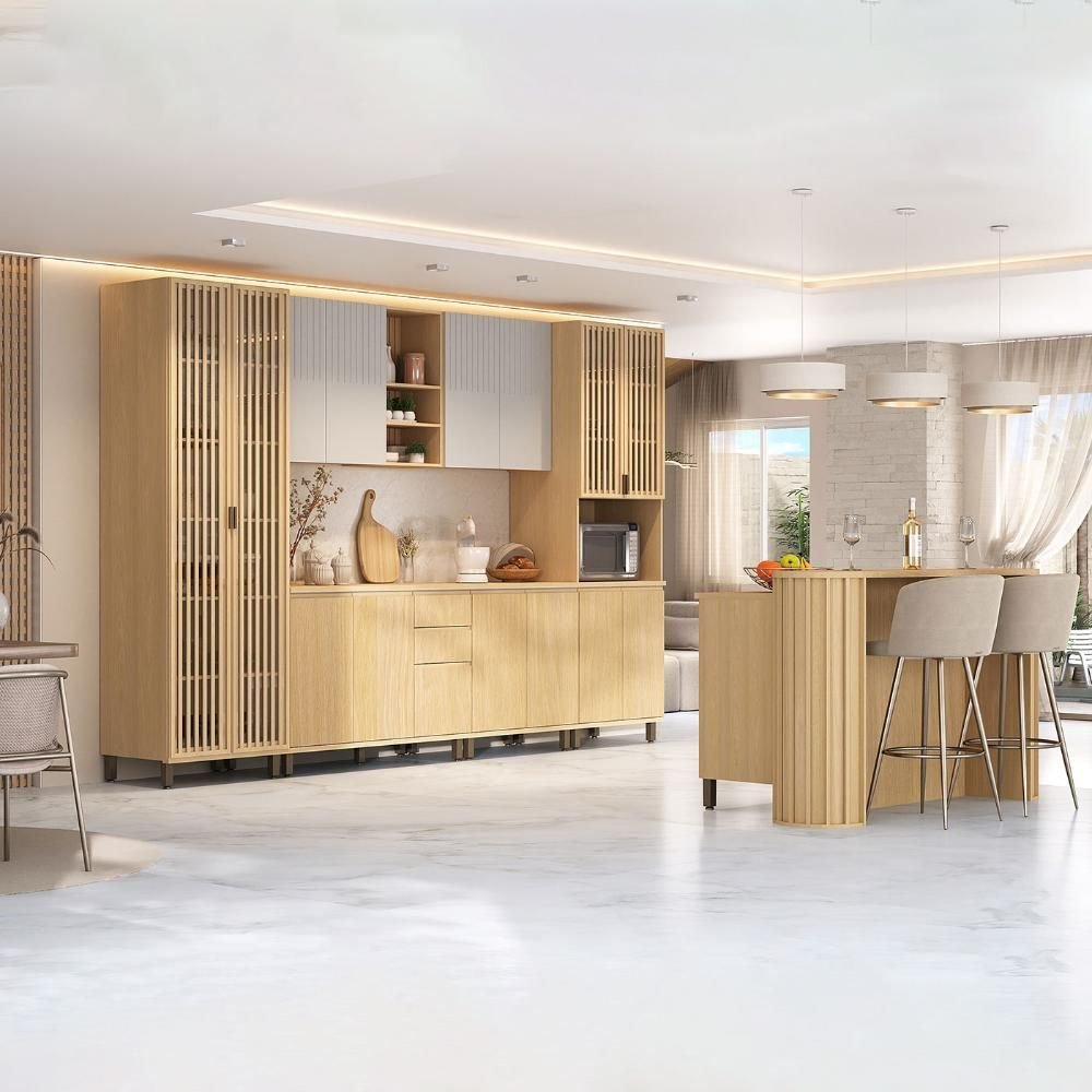 Armário Cozinha Completa 340cm Aura C/ Bancada Ilha 100% Mdf Cor