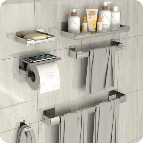 Kit Acessórios Para Banheiro Inox Com Adesivo 7 Peças ELG