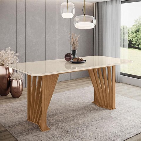 Mesa de Jantar Adriana 180 Cm Ambiente Canto Arredondado com Vidro Nature Off White – Henn