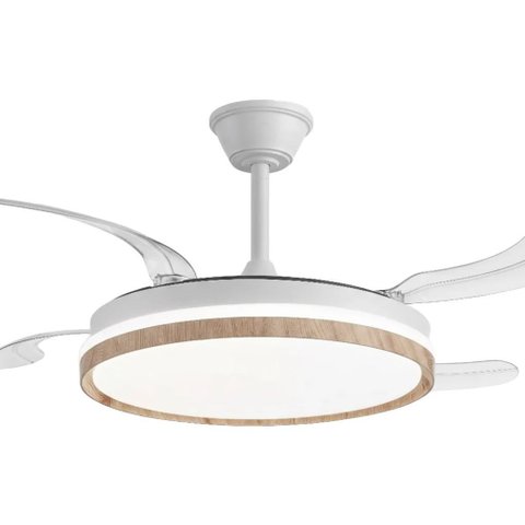 Ventilador de Teto com Abas Retráteis e Led Branco Quente, Morno e Frio | Design Moderno Madeira