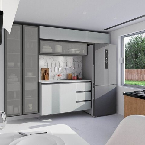 Cozinha Modulada 5 Peças 3 Aéreos 1 Balcão 1 Cristaleira Nara CabeCasa MadeiraOriginals Cinza