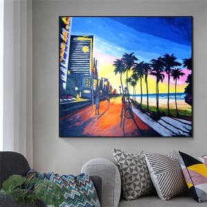 Quadro Original Pintado a Mão em Acrílica para Decoração da Sala Calçadão da Praia com Palmeiras