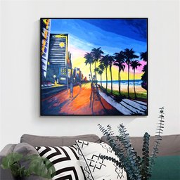 Quadro Original Pintado a Mão em Acrílica para Decoração da Sala Calçadão da Praia com Palmeiras - 2