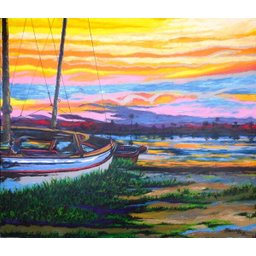 Quadro Decorativo Grande em Acrílico Pintado a Mão Barco na Margem - 1