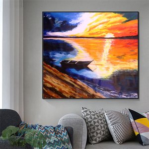 Lindo Quadro Decorativo Pintado a Mão para Decoração de Barquinho Ao por do Sol