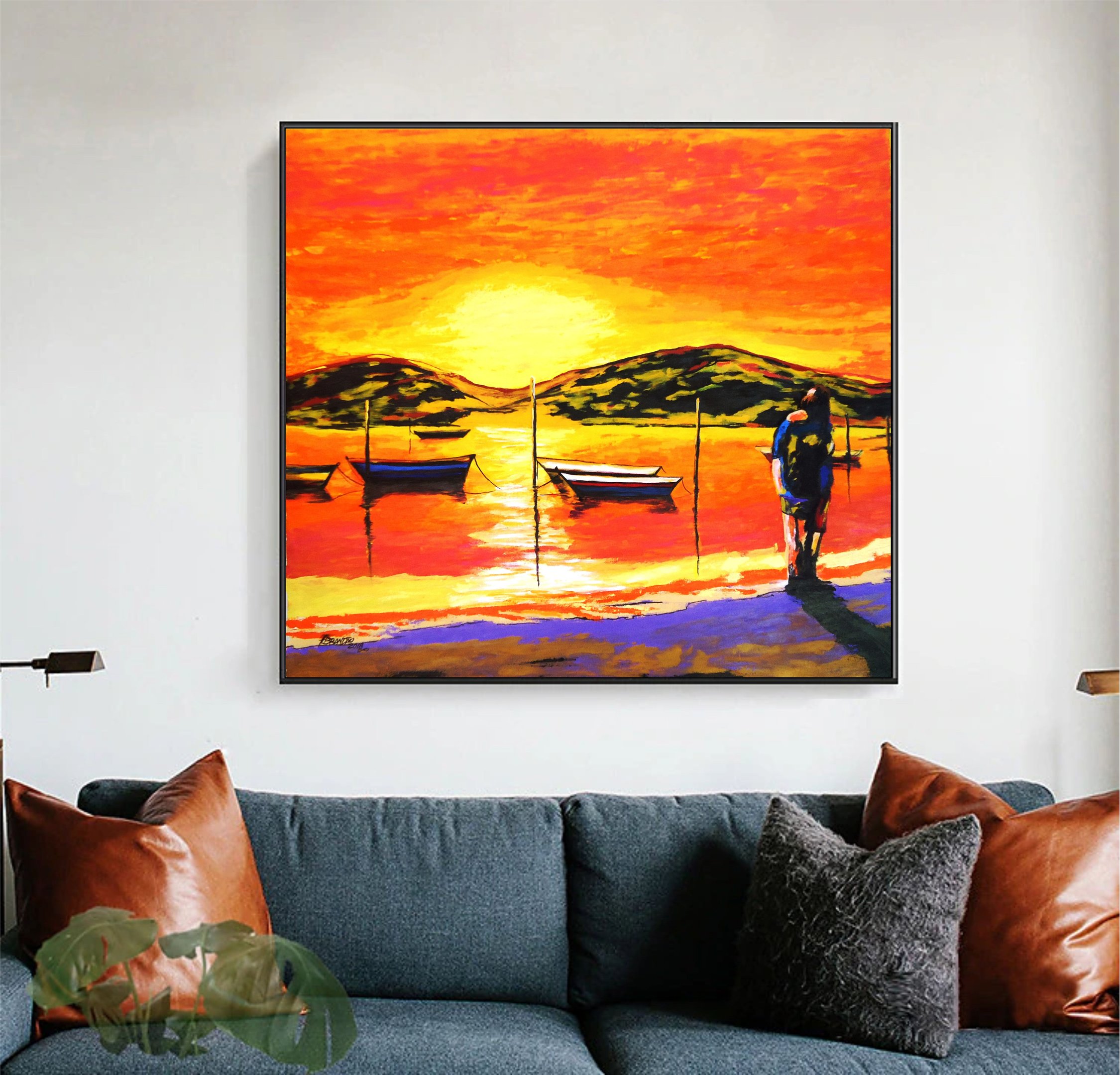 Lindo Quadro Decorativo para Parede Pintado a Mão em Acrílico de Casal na Praia com Barcos - 3