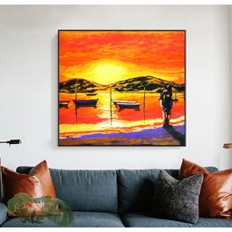 Lindo Quadro Decorativo para Parede Pintado a Mão em Acrílico de Casal na Praia com Barcos - 3