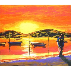 Lindo Quadro Decorativo para Parede Pintado a Mão em Acrílico de Casal na Praia com Barcos
