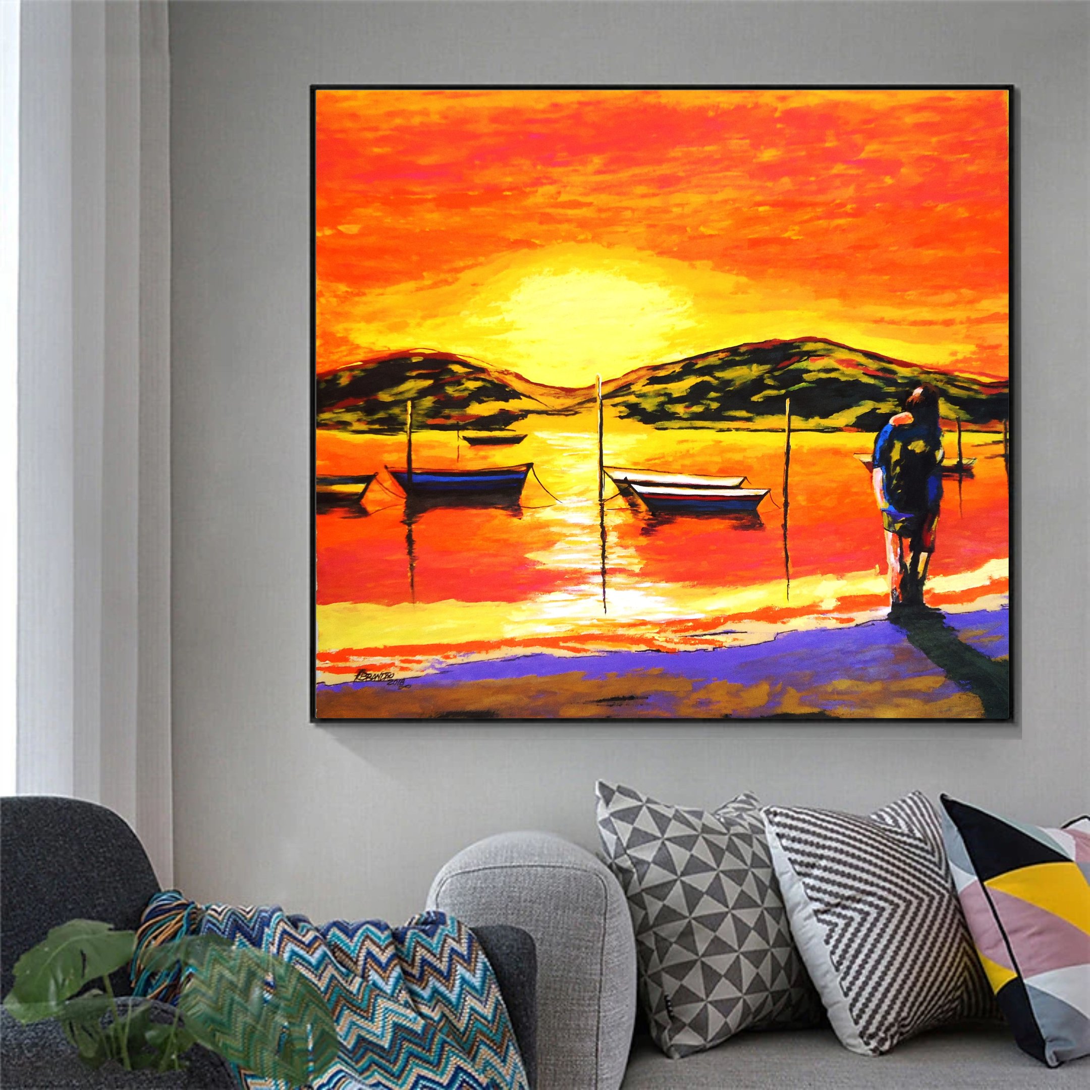 Lindo Quadro Decorativo para Parede Pintado a Mão em Acrílico de Casal na Praia com Barcos - 2