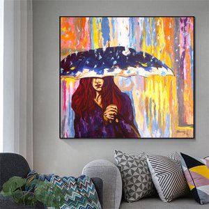 Quadro Decorativo em Acrílico Pintado a Mão Mulher com Guarda Chuva
