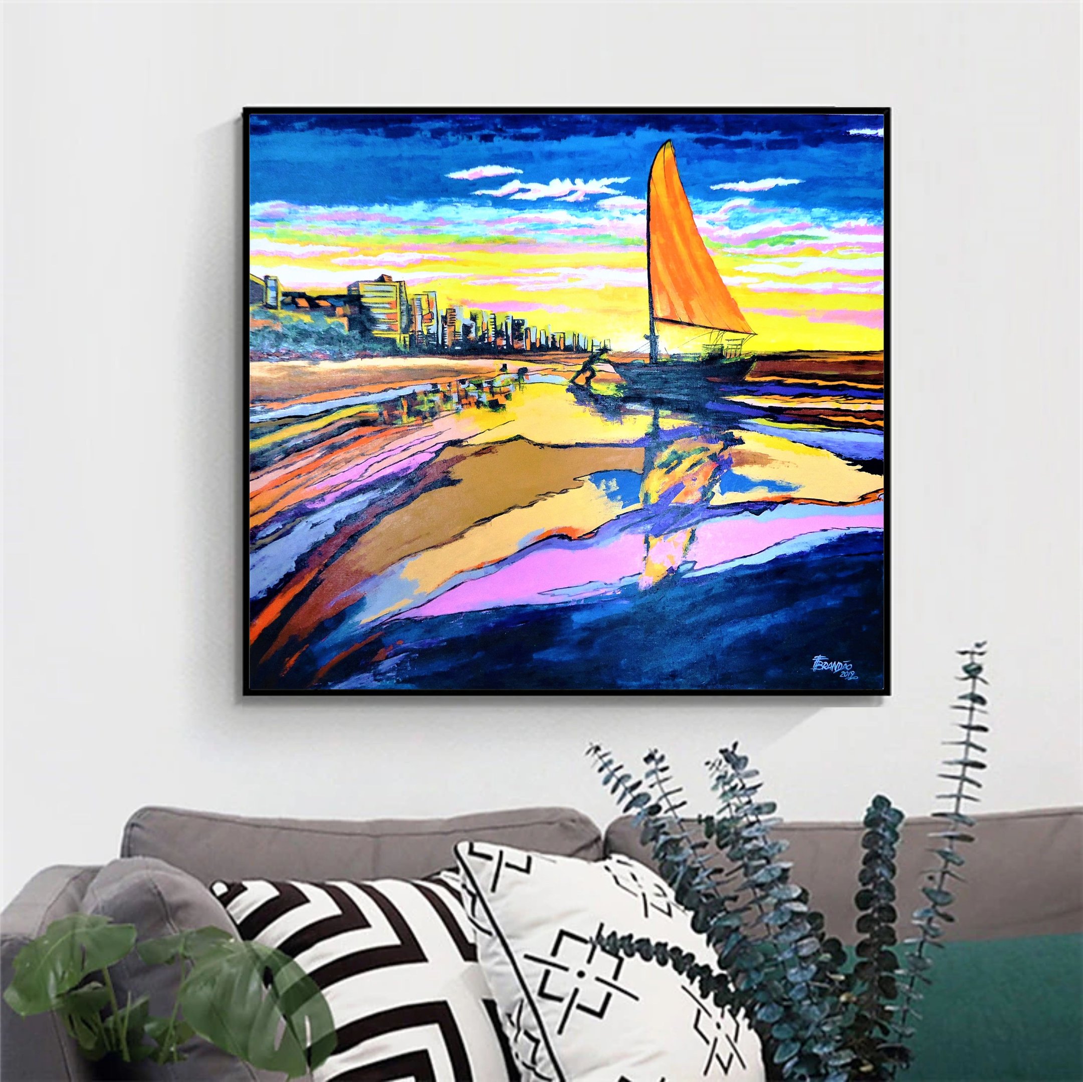 Quadro Pintado a Mão em Acrílico Decorativo Pescador Levando Jangada Ao Mar - 2