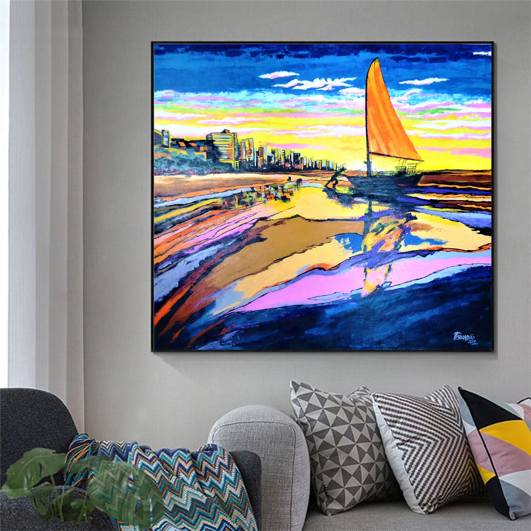 Quadro Pintado a Mão em Acrílico Decorativo Pescador Levando Jangada Ao Mar - 3