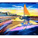 Ver imagem 1 de Quadro Pintado a Mão em Acrílico Decorativo Pescador Levando Jangada Ao Mar