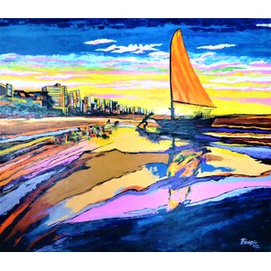 Quadro Pintado a Mão em Acrílico Decorativo Pescador Levando Jangada Ao Mar