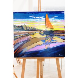 Quadro Pintado a Mão em Acrílico Decorativo Pescador Levando Jangada Ao Mar - 4