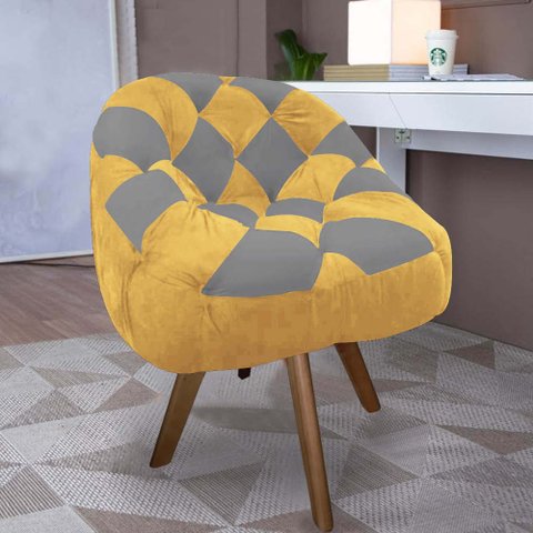 Poltrona Paloma Escritório Sala Giratória Madeira Suede Mostarda e Suede Cinza - Dominic Decor