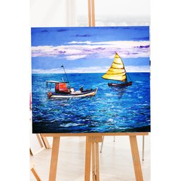 Bonito Quadro Decorativo Pintado a Mão, Original, Dois Barcos em Alto Mar - 5