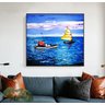 Bonito Quadro Decorativo Pintado a Mão, Original, Dois Barcos em Alto Mar - 3