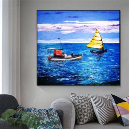 Bonito Quadro Decorativo Pintado a Mão, Original, Dois Barcos em Alto Mar - 2