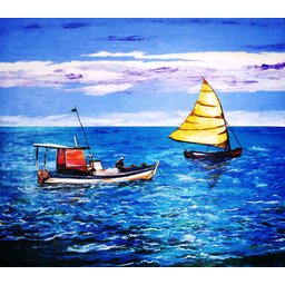 Bonito Quadro Decorativo Pintado a Mão, Original, Dois Barcos em Alto Mar - 4