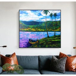 Quadro Decorativo para Sala em Acrílico Pintado a Mão Barquinho na Margem do Lago - 3
