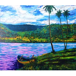 Quadro Decorativo para Sala em Acrílico Pintado a Mão Barquinho na Margem do Lago - 4