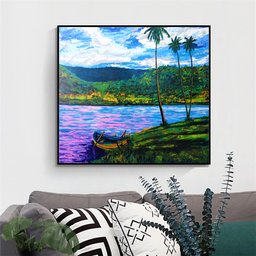 Quadro Decorativo para Sala em Acrílico Pintado a Mão Barquinho na Margem do Lago - 1