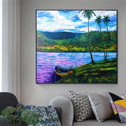 Quadro Decorativo para Sala em Acrílico Pintado a Mão Barquinho na Margem do Lago - 2