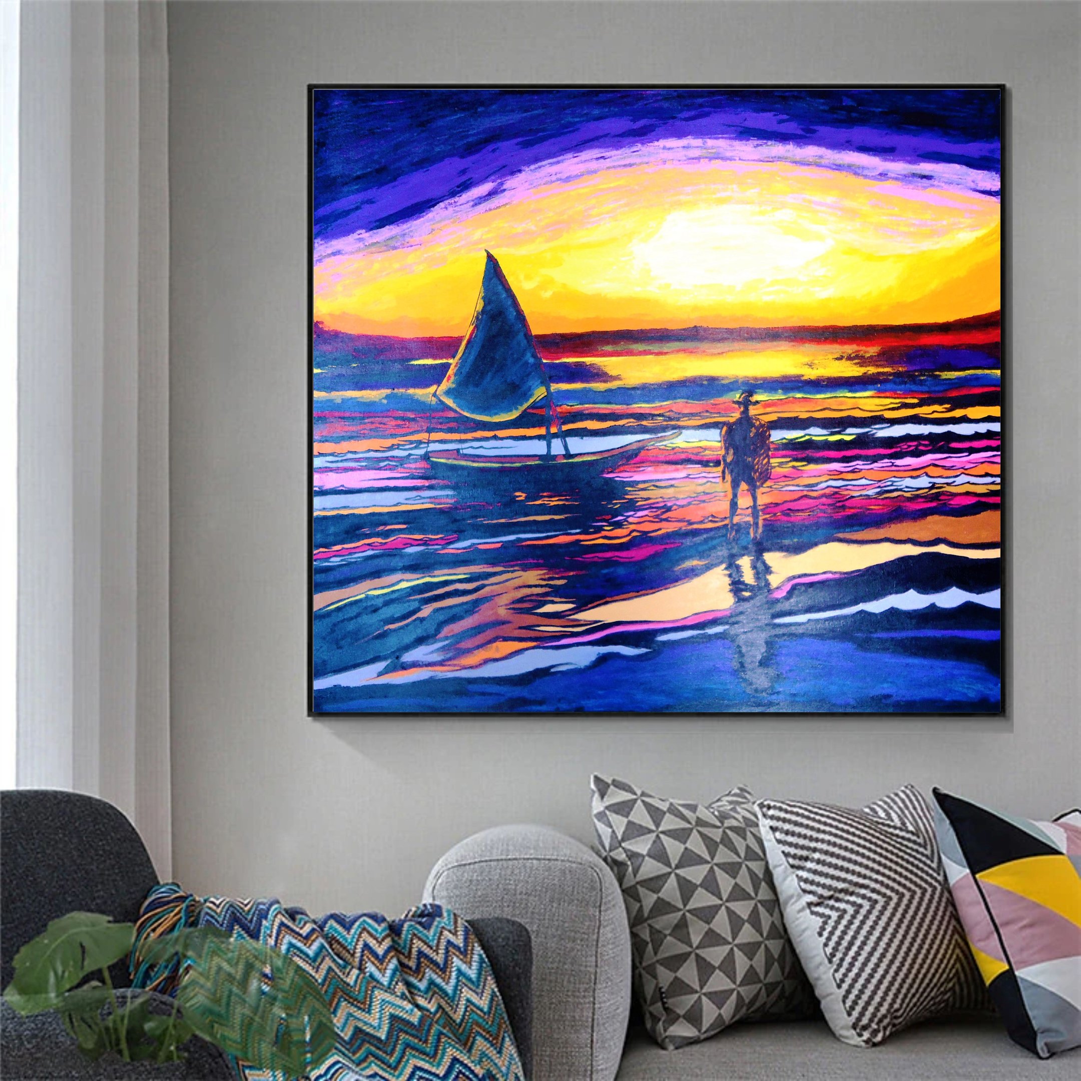 Quadro Decorativo Pintado a Mão em Acrílico para Sala Jangada e Pescador na Praia - 2