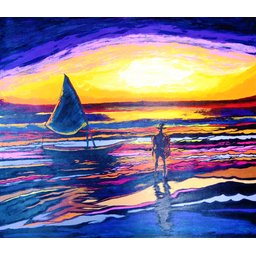 Quadro Decorativo Pintado a Mão em Acrílico para Sala Jangada e Pescador na Praia - 1