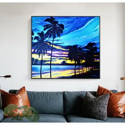 Quadro Original Pintado a Mão em Acrílico para Decoração Palmeiras na Praia Ao Crepúsculo - 3