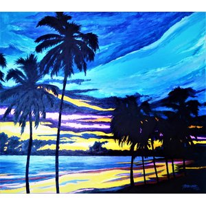 Quadro Original Pintado a Mão em Acrílico para Decoração Palmeiras na Praia Ao Crepúsculo