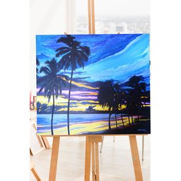 Quadro Original Pintado a Mão em Acrílico para Decoração Palmeiras na Praia Ao Crepúsculo - 4