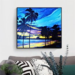 Quadro Original Pintado a Mão em Acrílico para Decoração Palmeiras na Praia Ao Crepúsculo - 2