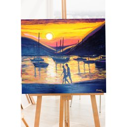 Quadro Decorativo para Sala de Estar Pintado a Mão em Acrílico Casal Andando na Praia com Barcos - 5