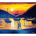 Ver imagem 1 de Quadro Decorativo para Sala de Estar Pintado a Mão em Acrílico Casal Andando na Praia com Barcos