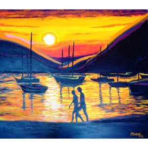 Quadro Decorativo para Sala de Estar Pintado a Mão em Acrílico Casal Andando na Praia com Barcos