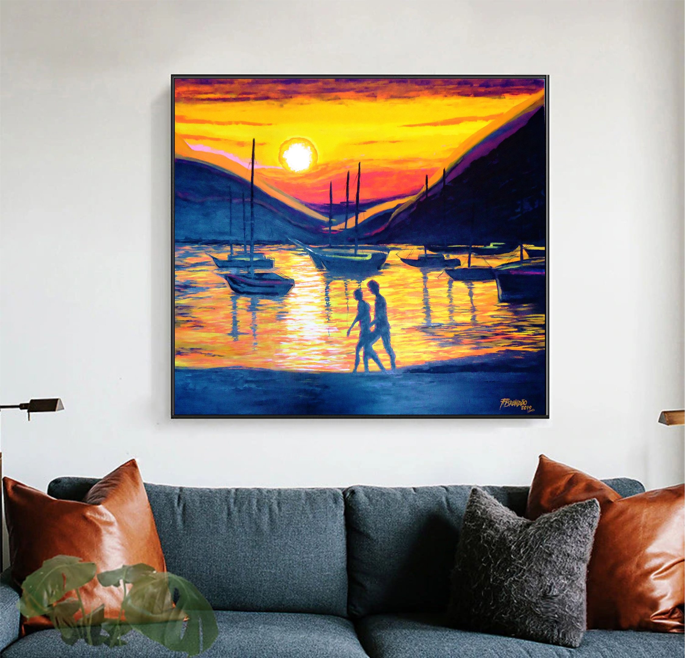 Quadro Decorativo para Sala de Estar Pintado a Mão em Acrílico Casal Andando na Praia com Barcos - 3