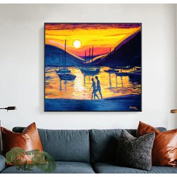 Quadro Decorativo para Sala de Estar Pintado a Mão em Acrílico Casal Andando na Praia com Barcos - 3
