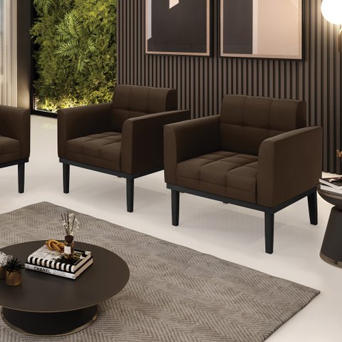 Kit 2 Poltronas Decorativas Karen Pés Fixo em Madeira Preto Suede Marrom 19 - Gran Belo