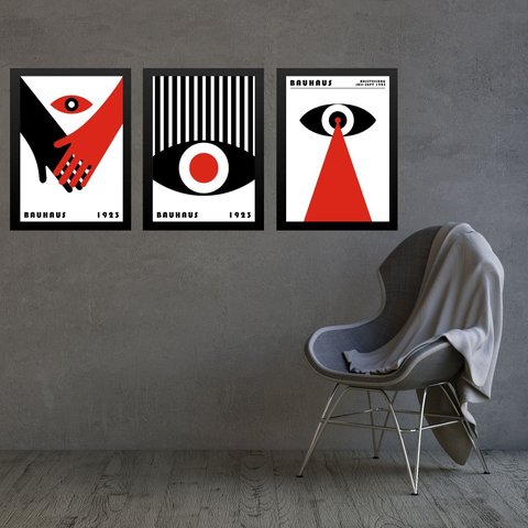 Kit 3 Quadros Bauhaus Olhos Vermelho e Preto 33x24cm - com Vidro:moldura Branca