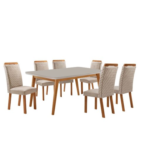 Mesa de Jantar Copper 180cm Madeira Tampo Vidro Canto Copo com 6 Cadeiras Aline