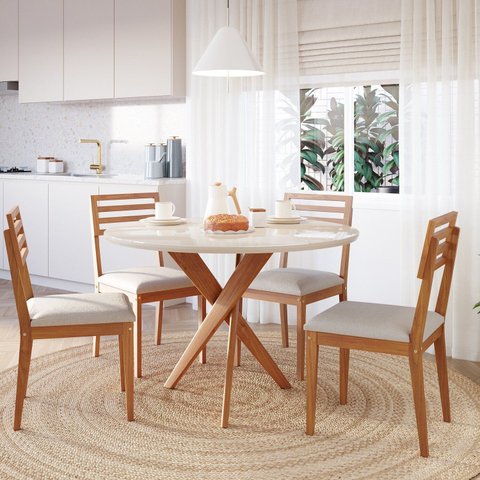 Conjunto Sala de Jantar Mesa Redonda 4 Cadeiras Madeira Maciça MDF e Vidro Cacau Juparanã Marrom