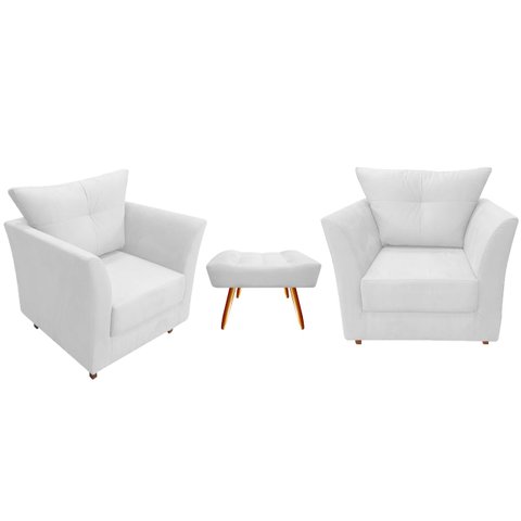 Kit 2 Poltronas Decorativa Isis + Puff Retangular Couro Branco Pés Madeira Ms Decor